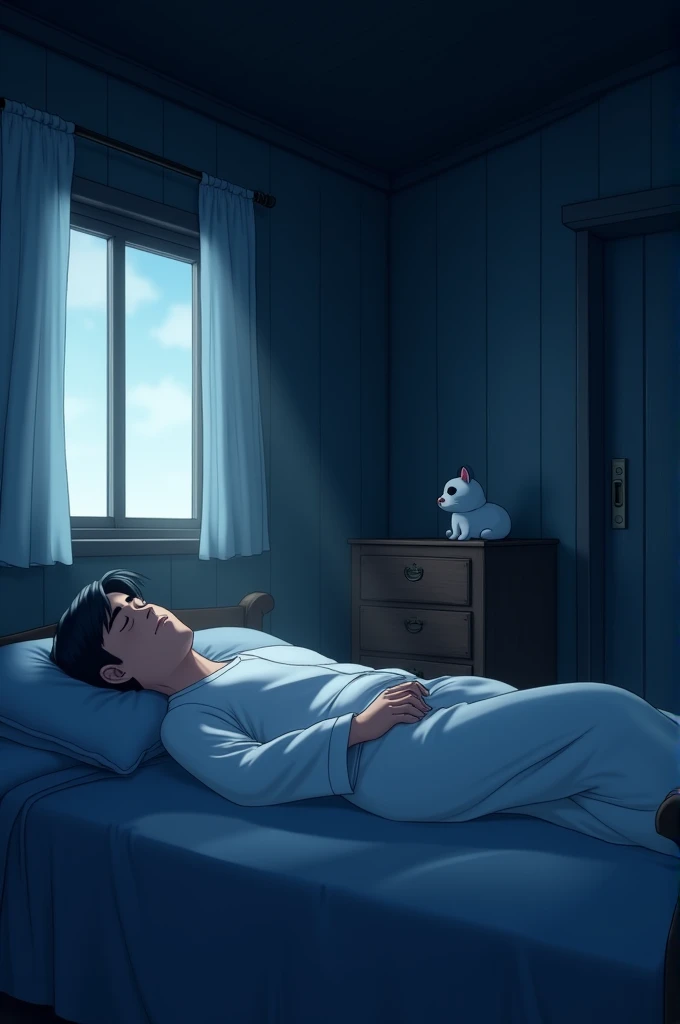 A animated man with dark hair lies peacefully asleep with eyes open in a simple bedroom inside hut, dressed in white pajama. The room is dimly lit, with a dark blue colour palette. The window with sheer curtains allows for minimal light, while a closed door is visible. On the right. A wooden chest stands against the wall, and a pet is placed at pf it. The atmosphere feels calm and serene, making a sense of tranquility. Create image in 16:9 ratio