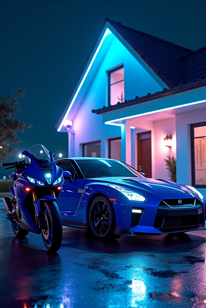 Yamaha R15 V3 blue color and Nissan GT-R blue parking in front of white house with neon lights in night time