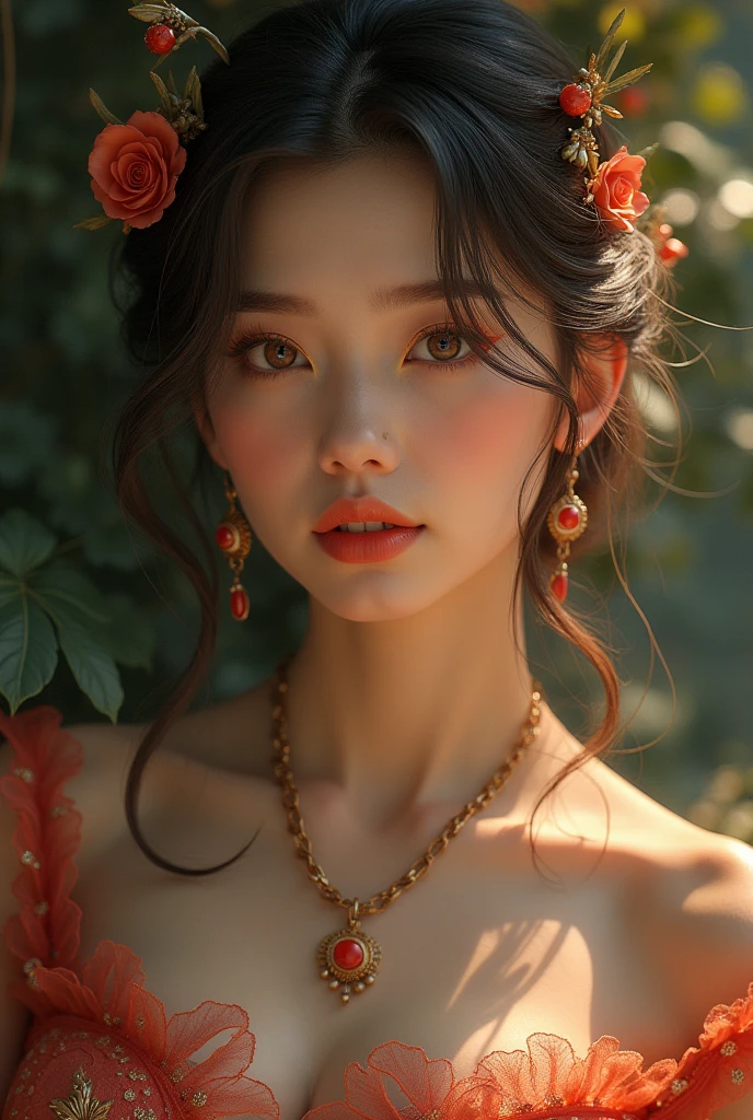 A beautiful young woman, 1, extremely detailed face and body, flawless skin, mesmerizing eyes, lush lips, long eyelashes, elegant pose, graceful movements, serene expression, flowing hair, ornate jewelry, intricate dress, dramatic lighting, cinematic composition, vibrant colors, oil painting, highly detailed, photorealistic, 8K, masterpiece