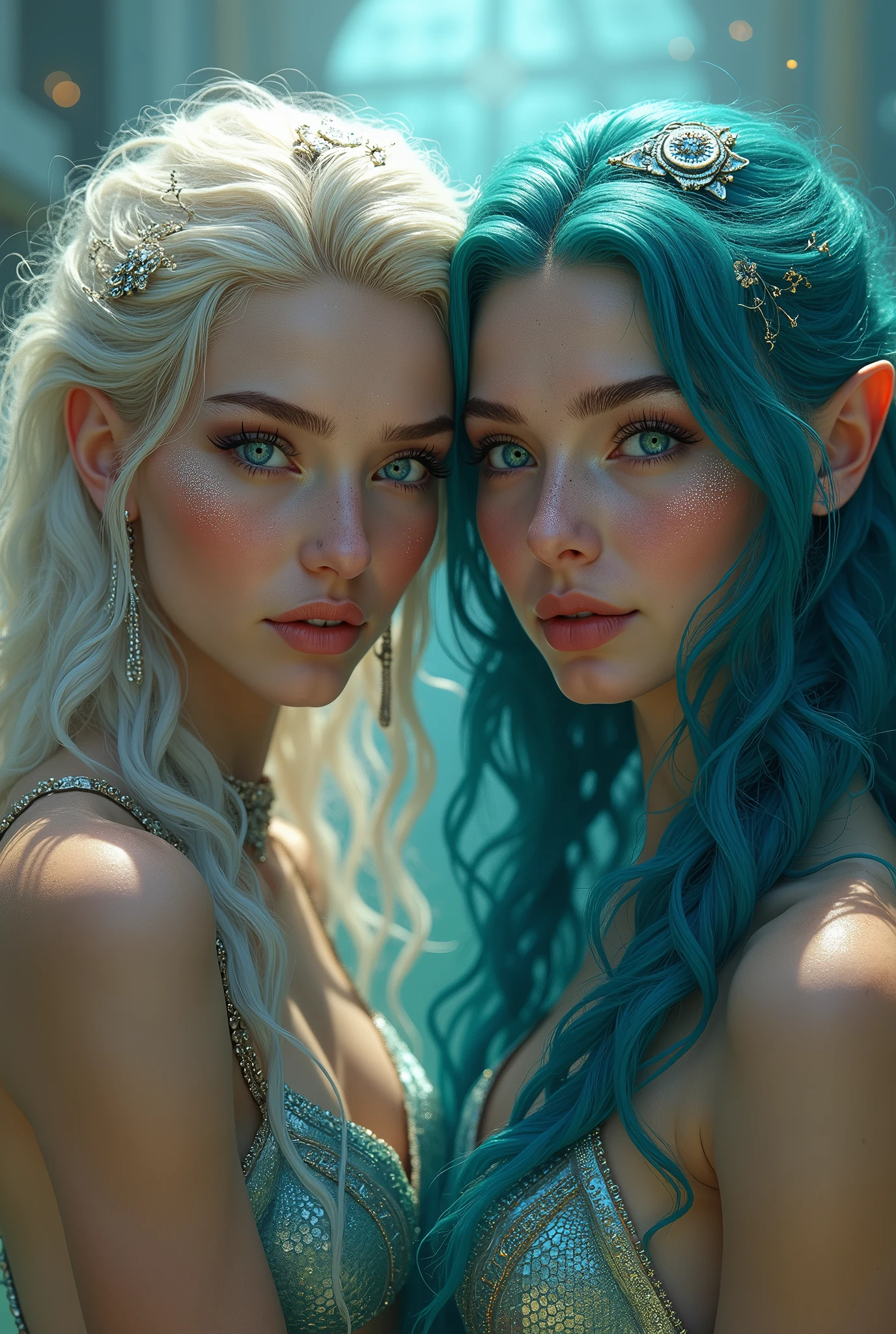 hyper detailed face and eyes the couple very pretty mermaid sexiest full warrior as godness of the Sea, the couple with happy smile very attractive, underwater, fantasy character portrait, masterpiece mermaid, ultra realistic, concept art, intricate details, highly detailed by greg rutkowski, background Legend Palace The Kingdom of the Sea with sun shine clearly full color art, masterpiece, super sharp, super portrait, UHD, 18K