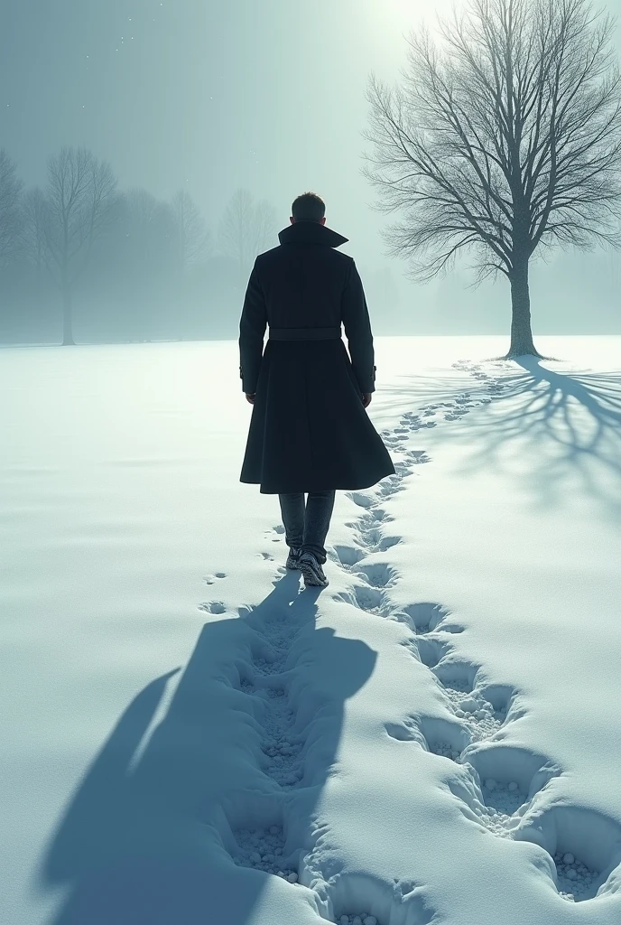 I want a cover for the novel with a rear perspective that includes the shadow of a man wearing a long coat walking on the snow and in the background there is the shadow of a single barren tree and I want the entire background to be snowy with the man's footprints on the snow