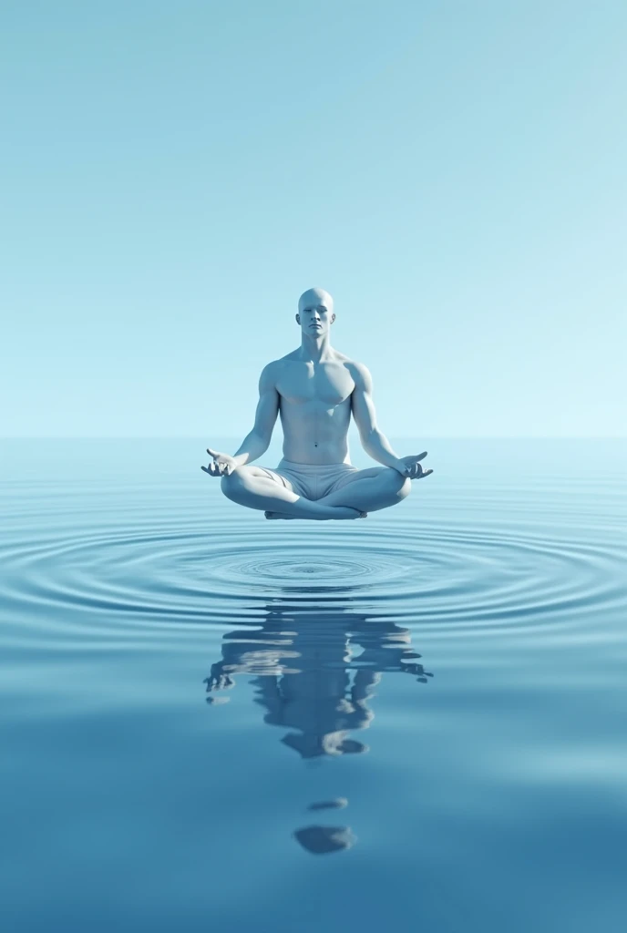 3D view, huge blue lake surface, a white skinned male suspended in meditation on the water surface, with ripples under his feet, perfect figure, handsome face, perfect abdominal muscles, perfect muscle curves, a handsome male dressed in Hanfu Xianfeng Daogu