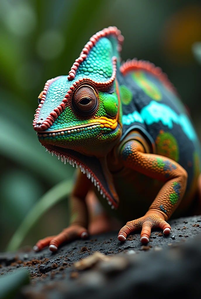 A Close-Up of a Chameleon Changing Colors: Capture the moment a chameleon shifts its color to match its surroundings, emphasizing the intricate details of its skin and the wonder of nature’s adaptability.