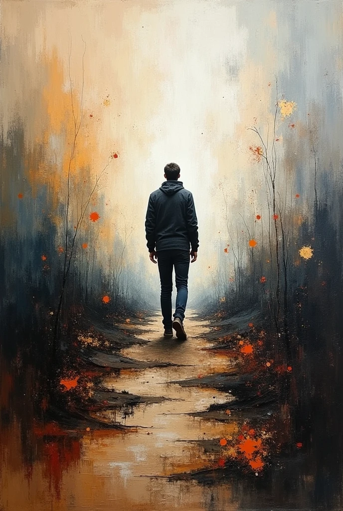 ( a man) a thick textured oil painting, impasto brushstrokes, dry brushing,revealing underlayers, abstract landscape, moody lighting, dramatic shadows, muted earthy colors, vibrant colors, highly detailed, masterpiece,