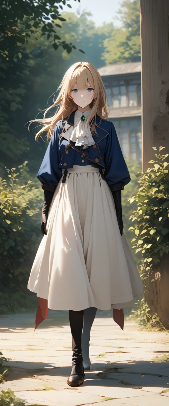 France in the 1890s。The main character of Violet Evergarden has blonde shoulder-length hair with a red ribbon.。She is wearing a classical aristocratic outfit based on ultramarine blue, with a white ribbon on her chest and an emerald necklace in the center.。On both arms, he wears long black leather gloves that reach up to his elbows.。She has very beautiful blue eyes。In the background you can see a slightly blurred French garden.。She always looks sad and lonely。Beautiful and realistic photos.。Walking far away。She is wearing a white flared skirt.