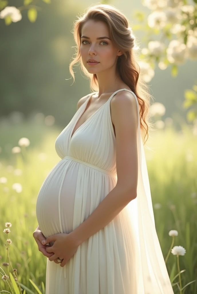 woman with 1.2 months of pregnancy with white greek dress
