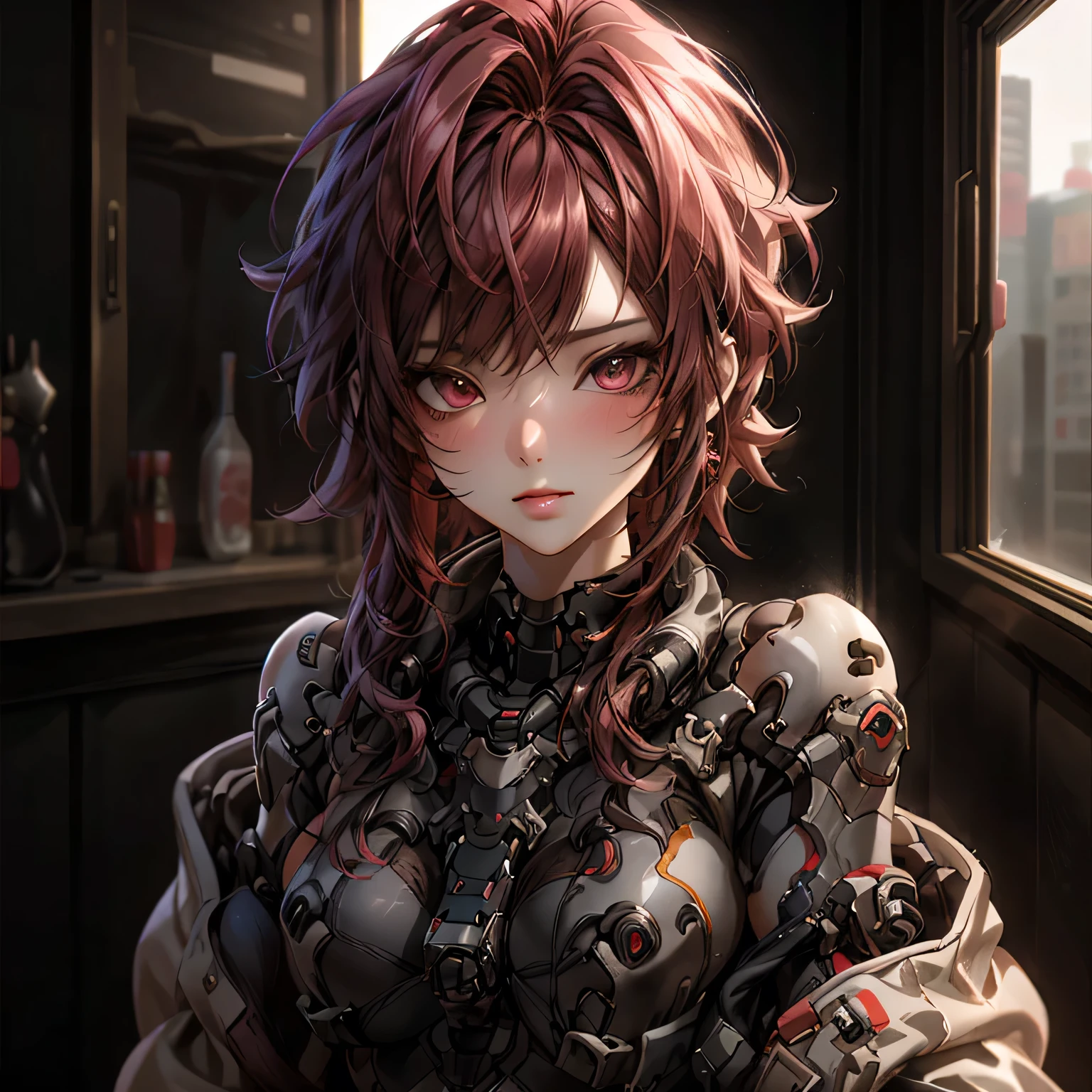 ((best quality)), ((Masterpiece)), (details:1.4), 3d, Image of a beautiful cyberpunk woman, HDR (high dynamic range), mature woman, Curtain Bangs, Red hair, beautiful Red eyes, SWAT uniform, PBR surface, After processing, Anisotropic filtration,depth of field, Maximum clarity and clarity, multi-layered surface, perfect proportions, 8K raw files, cyberpunk, at night, ผมหลายชั้น,  กระโปรงสั้น, natural lighting, soft lighting, sunlight, หน้าอกใหญ่,