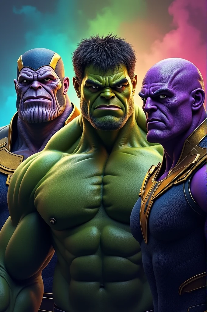 A cinema poster-like image with hulk in the middle, Thanos on the left side, and Juggernaut (Infamous villain character from Marvel comics) on the right side. All of them making a menacing pose with a serious face