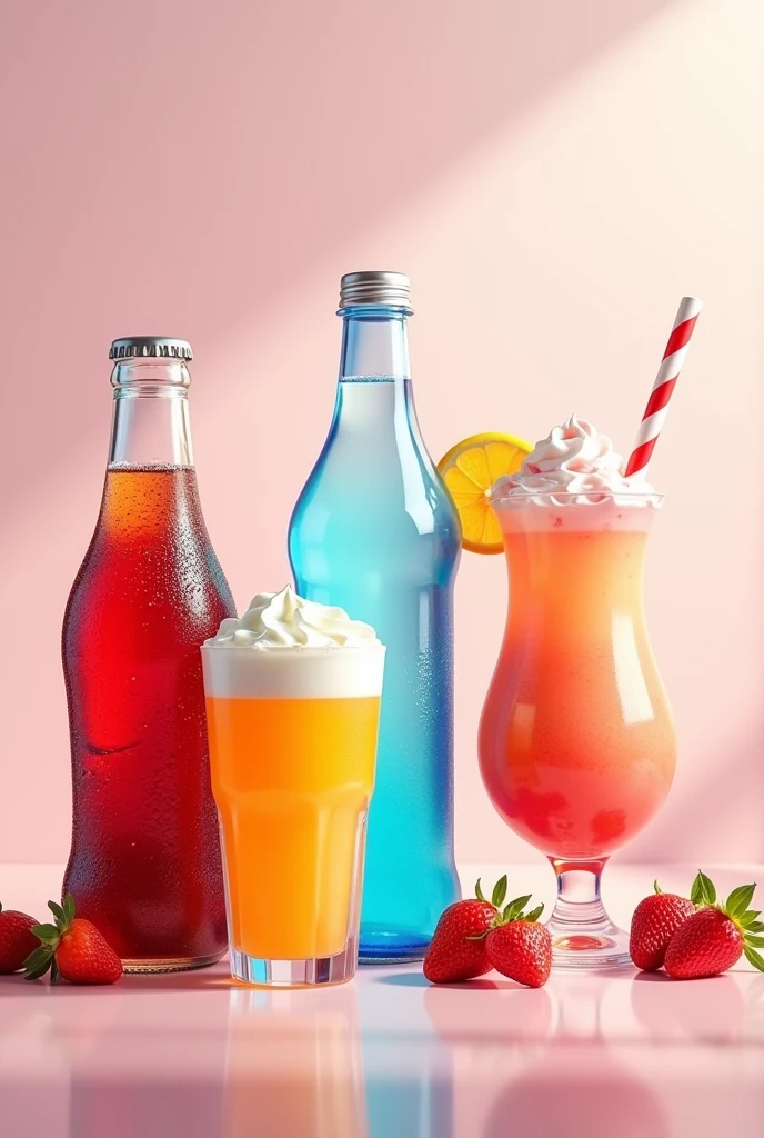 Put these four types of food in one image Soda. (bottle)
Water. (bottle)
smoothies. (Plastic cup)
Slush drink (Plastic vase)
