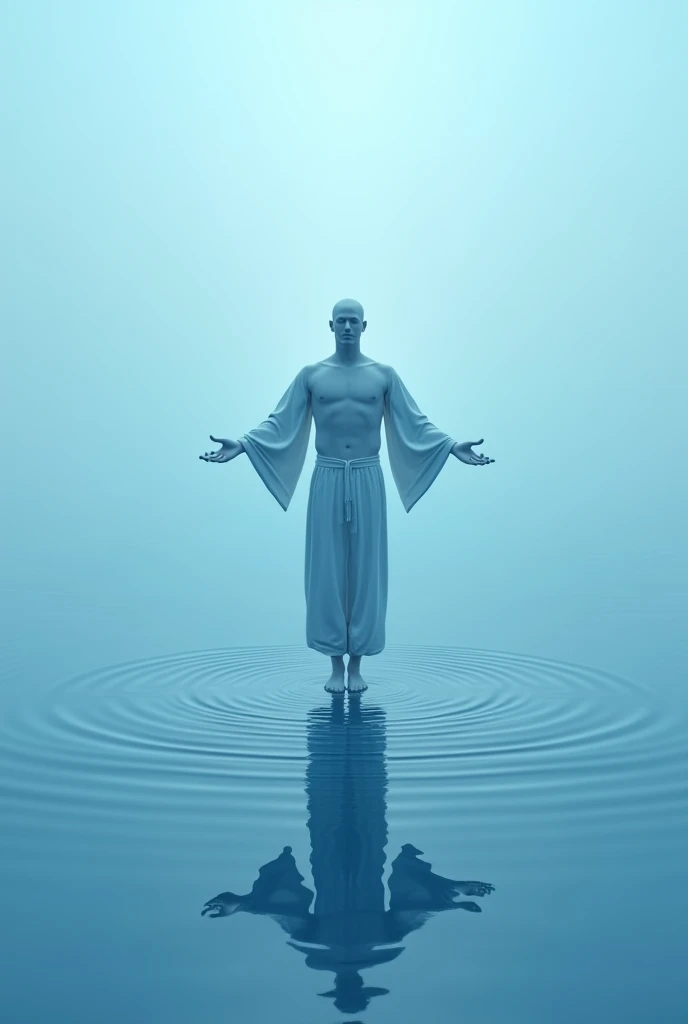 3D view, huge blue lake surface, a white skinned male suspended in meditation on the water surface, with ripples under his feet, perfect figure, handsome face, perfect abdominal muscles, perfect muscle curves, a handsome male dressed in Hanfu Xianfeng Daogu
