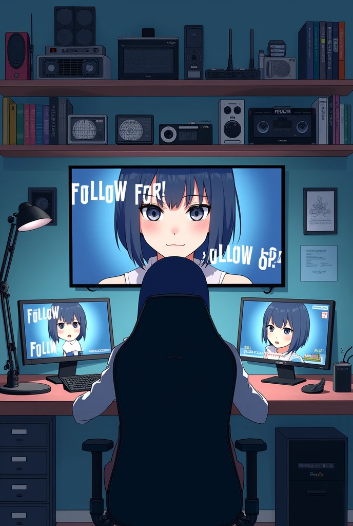 red T-shirt and black jeans anime lady 2. siting gaming chair. digital illustration with a manga art style. The layout is vertical, featuring a large screen at the top displaying a close-up of a female character with short dark hair, large expressive eyes, and a neutral expression. The text 'FOLLOW FOR' is prominently displayed in bold white letters across the screen. Below the screen, there is a shelf filled with various books and electronic devices, including a vintage radio and a camera. At the bottom, a desk setup is visible with two computer monitors, one showing a smaller version of the female character. The overall scene is detailed and meticulously organized, with a focus on the central character and the surrounding technology.