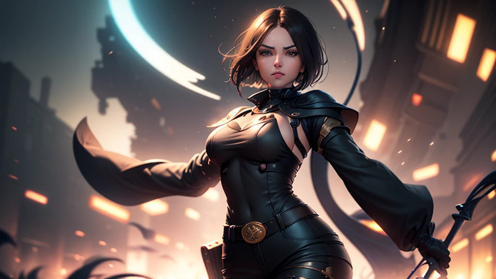 (at night), in a video game scene in the background, a beautiful city at night, raining, alone, standing looking straight ahead, military clothing with military green skirt and pants, black gloves, semi-short hair, ((semi-short hair)), 1 girl, 30 years old, young woman, perfect hands, Beautiful fingers, Beautiful long legs, Beautiful body, Beautiful nose, Beautiful character design, perfect face, looking straight at the viewer with a serious gesture and very upset, she has a black whip in her hand (focusing on her face), mouth closed, light_smile, official art, extremely detailed CG unity 8k wallpaper, perfect lighting, bright and colorful front lighting, shiny skin (artwork master: 1.0), (Best_quality: 1.0), ultra High resolution, 4k, ultra detailed photography, 8K, hdr, High resolution, Nonsense:1.2, Kodak portrait 400, film grain, Blurred background, bokeh:1.2, Flash lens, (vibrant_color:1.2), professional photography, (Beautiful, breasts: 1.4), (Beautiful_face: 1.5), (narrow waist),