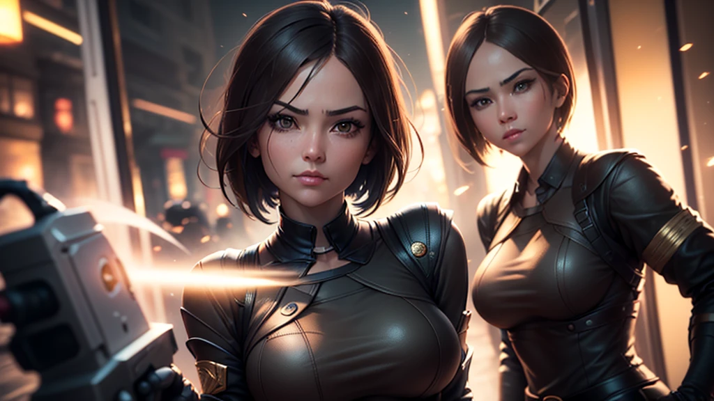 (at night), in a video game scene in the background, a beautiful city at night, raining, alone, standing looking straight ahead, military clothing with military green skirt and pants, black gloves, semi-short hair, ((semi-short hair)), 1 girl, 30 years old, young woman, perfect hands, Beautiful fingers, Beautiful long legs, Beautiful body, Beautiful nose, Beautiful character design, perfect face, looking straight at the viewer with a serious gesture and very upset, she has a black whip in her hand (focusing on her face), mouth closed, light_smile, official art, extremely detailed CG unity 8k wallpaper, perfect lighting, bright and colorful front lighting, shiny skin (artwork master: 1.0), (Best_quality: 1.0), ultra High resolution, 4k, ultra detailed photography, 8K, hdr, High resolution, Nonsense:1.2, Kodak portrait 400, film grain, Blurred background, bokeh:1.2, Flash lens, (vibrant_color:1.2), professional photography, (Beautiful, breasts: 1.4), (Beautiful_face: 1.5), (narrow waist),
