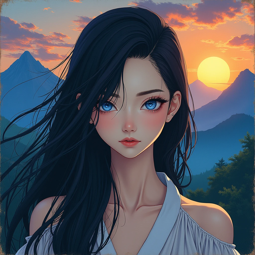 In this exquisite painting, the intertwining of anime and ukiyo-e styles creates an awe-inspiring scene of a woman with striking blue-black eyes and cascading black hair. Her profound connection to the natural world is beautifully depicted by the majestic mountains, lush forests, and the setting sun in the background. The skillful balance of cool blues and purples against the warm hues of orange and yellow generates a magical and alluring atmosphere. This mesmerizing masterpiece, encompassing painting, anime, cinematic, illustration, ukiyo-e, and fashion elements, is truly captivating and enchanting., ukiyo-e, illustration, painting, anime, cinematic, fashion