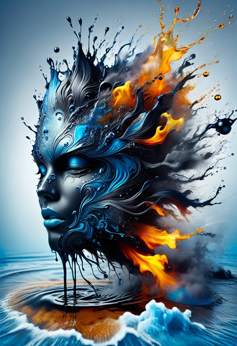 Pouring ink containing metal elements into water and photographing it