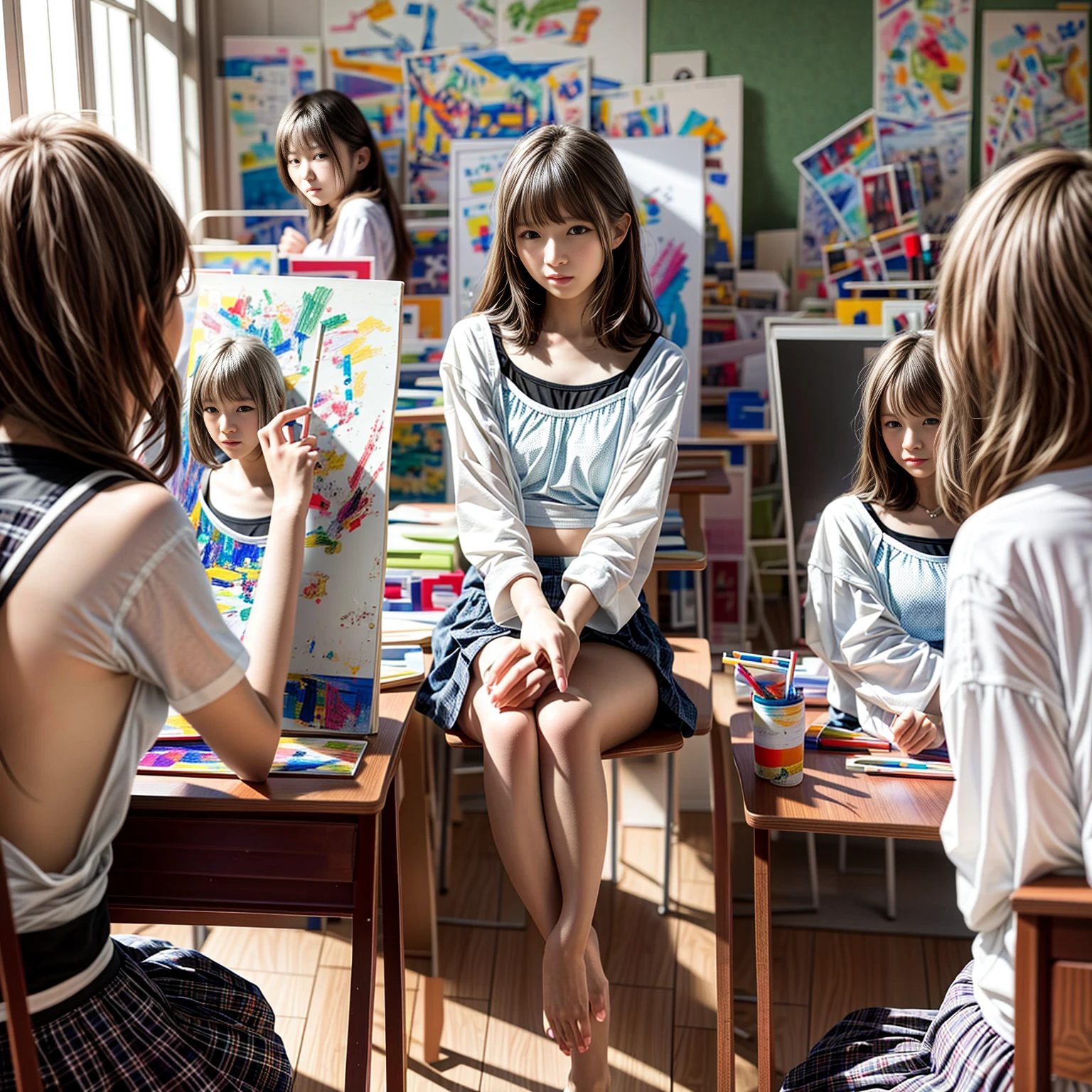 Japanese girl. beautiful detailed girl, Japanese 1 high school girl, High school girl in art club, model in underwear,  Sketch, Painting model in underwear, classroom, Painting,  slender body, white bra is visible,You can see the white panties, calm expression, slender body, young face, immature body, exposed, Art club scene. 8K TopQuality UltraDetailed Masterpiece(ProfessionalPhoto:1.37)
