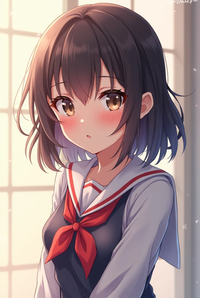 Masterpiece, Anime, A girl, One, Blushing Hard, Pouting cutely, Looking she's trying to get someone attention, sixteen years old, japanese school uniform, gal type
