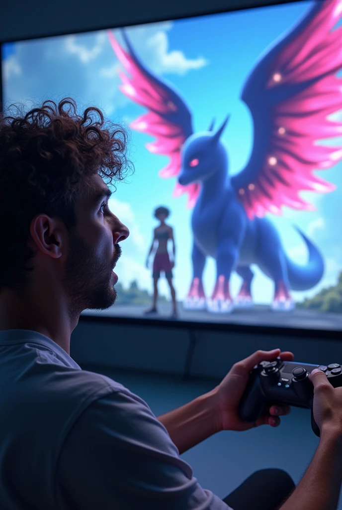 The image shows a man with curly hair and a surprised expression on his face. He is looking at a video game screen. On the screen, a character is standing next to a large, blue, winged creature. The creature has pink crystals on its wings and looks like a Pokemon. The man is holding a small, round object in his hand.
