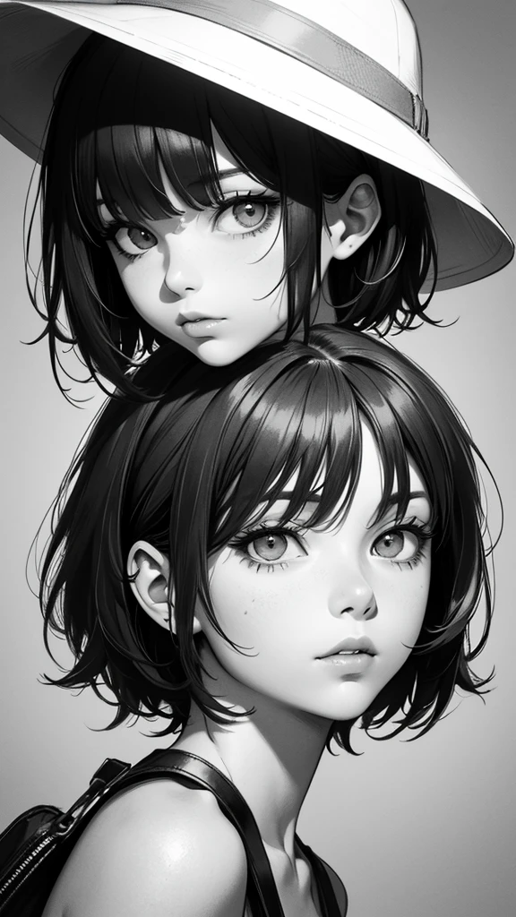 1 boyish lady, solo, bags under sharp eyes, monochrome, greyscale, short black hair, portrait, T-shirt, closed mouth, looking at viewer, sketch, graphite \(medium\), detailed lips, hatching \(texture\), without makeup, bangs, upper body, (best illustration), (best quality), (very detailed), (masterpiece), expressionless,