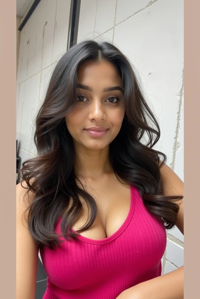 20 years old cute indian girl , long hair , mesomorph body , 25% fat , black top  , sexy and hot , big boobs , deep cleavage  