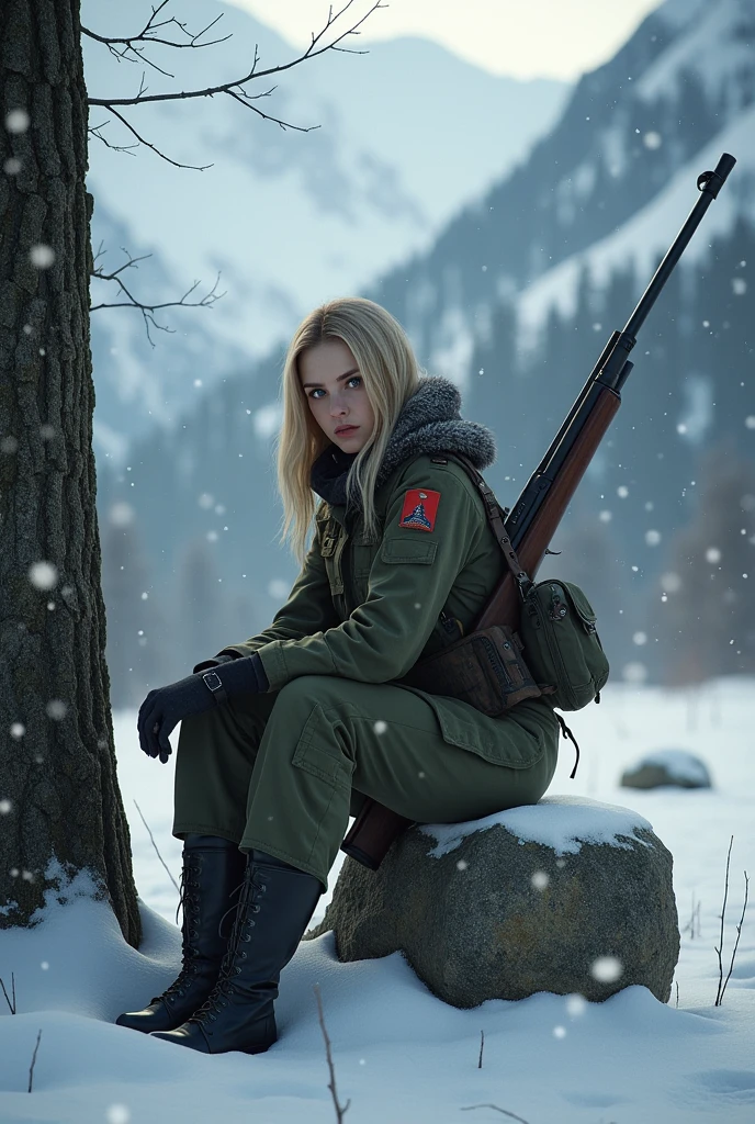 The girl is a Russian sniper in a military uniform, she has blue eyes and straight straw-colored hair, she has a weapon behind her, she is sitting in the forest by a tree on a stone, behind her are high snow-capped mountains, and it is snowing heavily
