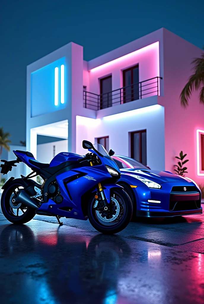India variant Yamaha R15 V3 blue color and Nissan GT-R blue parking in front of white house with neon lights in night time