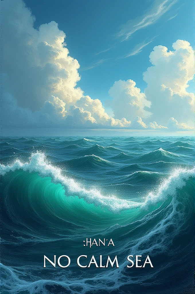 "Book cover with the title &#39;No calm sea&#39;. Image of a vast ocean with a distant horizon and a dramatic sky. Use a blue and green color palette with white accents for the waves. The title should be prominent in an elegant and clear typeface., with adequate contrast to stand out against the background."