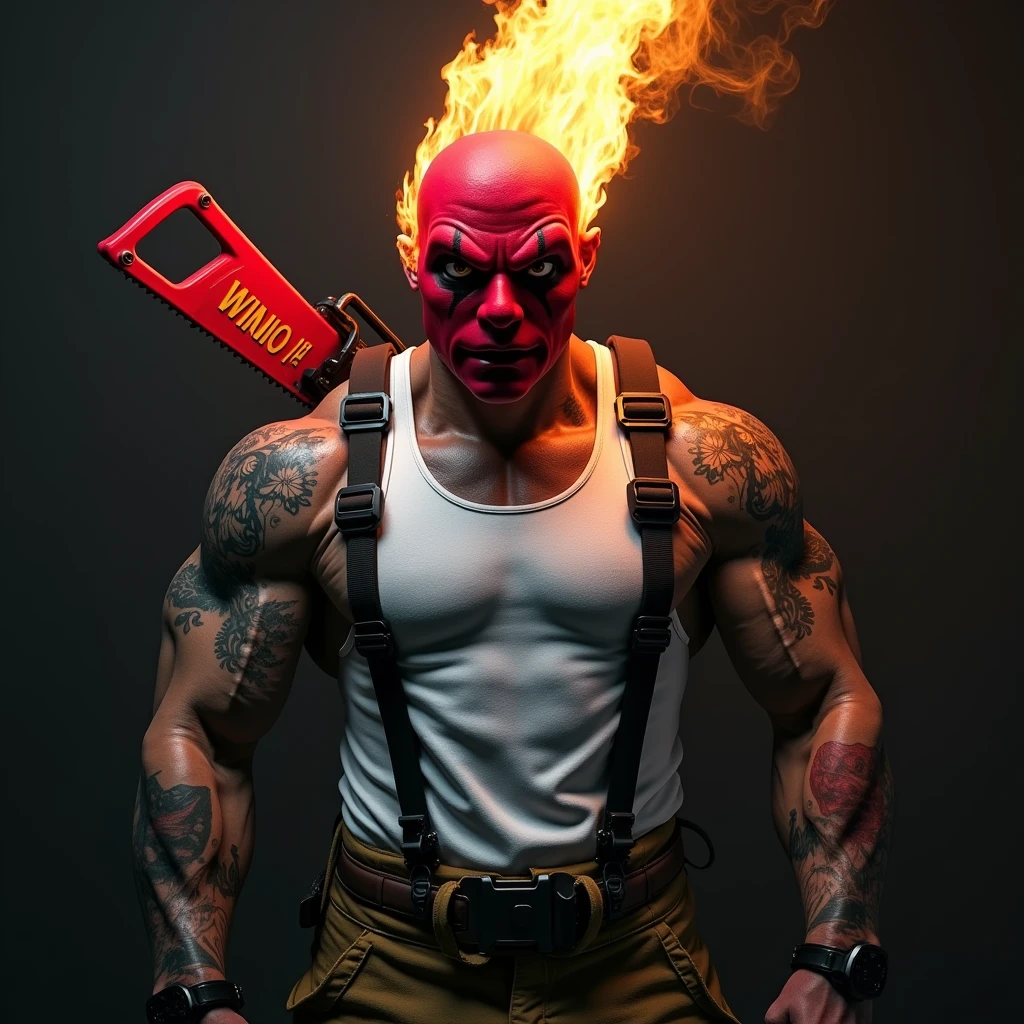 A muscular firefighter, wearing a fireman hat with uniform wearing a scary clown mask, with the head on fire, wearing a white tank top and with tattoos on his arm, with big round glasses, very matte red, with a red spinning saw on his back, with a very large black chain going down his neck