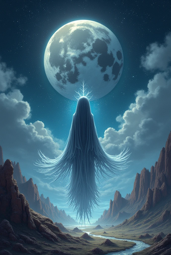 A baureal oraure with a starry sky and a gray moon on a heavenly landscape