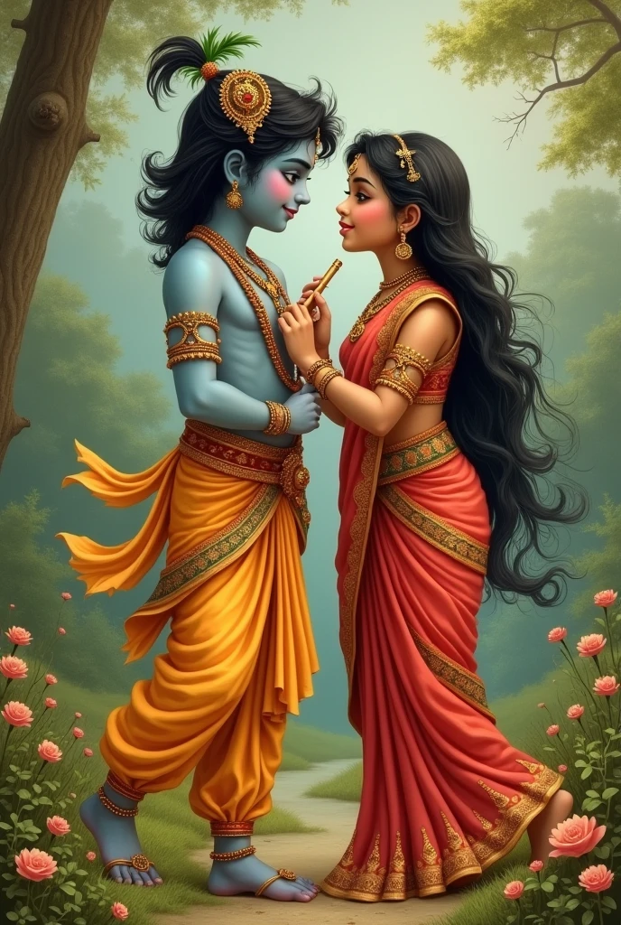  Krishna with holding a flute with Radha with long curly hair.