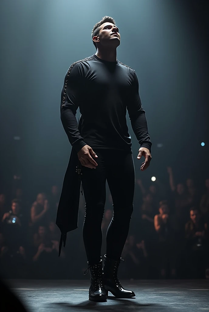 Create an innovative outfit for a male singer .That gives the impression of a powerful man.Let your posture be in movement, singing with people listening to it with joy .Someone imposing with broad shoulders but a solid and athletic body .
That your garment in black and dark gray tones is made with fine details for the torso could be a shirt, a sweatshirt or something very close to your body .But his torso is covered and with novel details in the pants that give it a futuristic impression..
With shiny black vinyl boots with novel details with the thin and non-rounded tip of the boot that also gives it height, slimness and stylization of the singer
