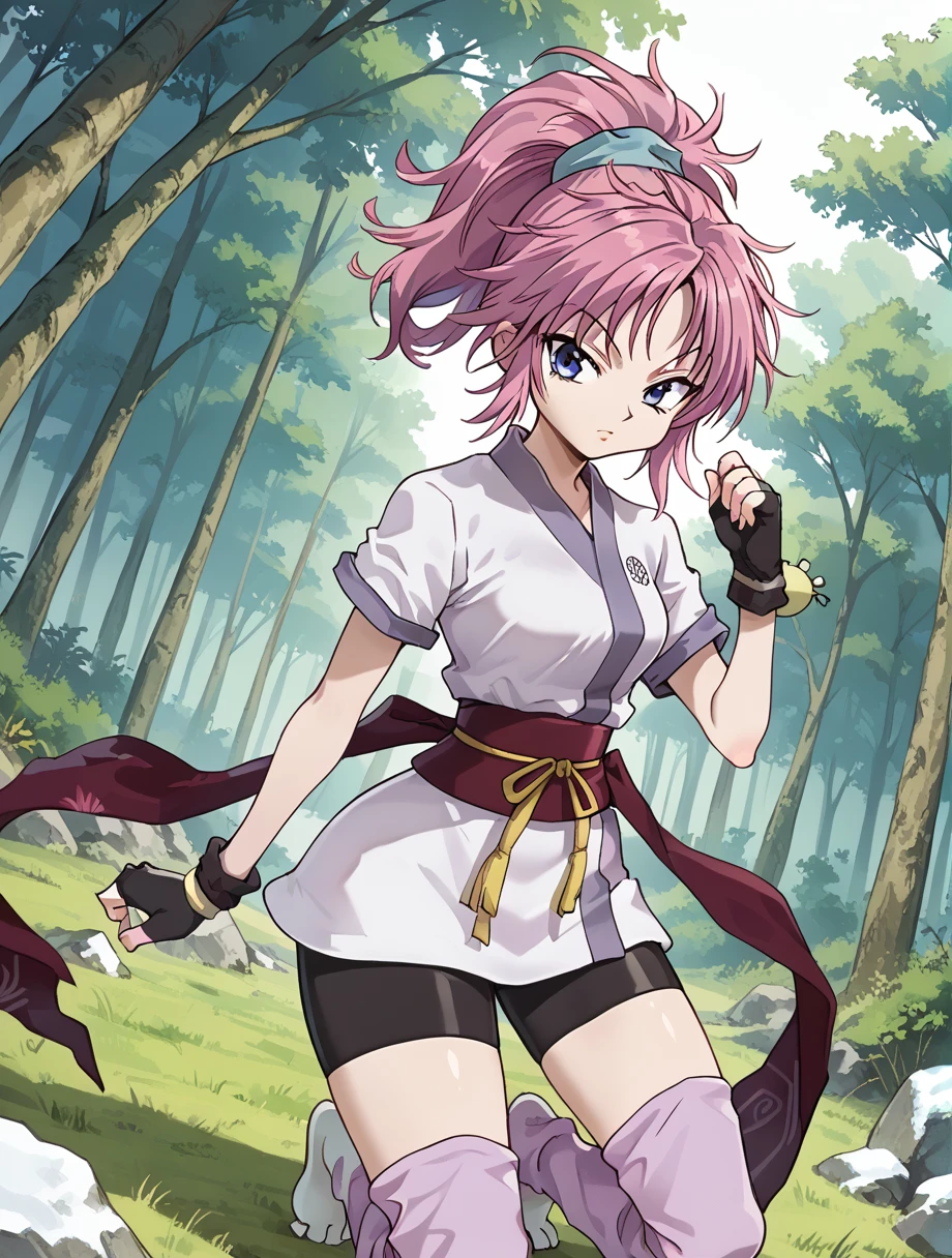 score_9,score_8_up,score_7_up,score_6_up,source_anime,dutch angle,1girl,medium breasts,machi01, blue eyes, ponytail, pink hair, purple hair,portrait, ponytail, japanese clothes, sash, gloves, fingerless gloves, short sleeves, bike shorts,ninja,sash,obi, pink purple socks,tabi, in forest,