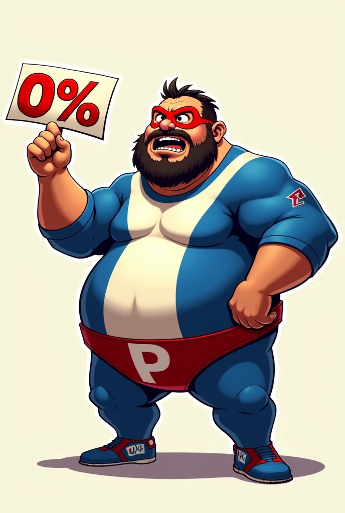 Malayu male . ((Wear domino mask red.)) Mustache. Bearded face ,,chubby , short hair. Age 40 year old. Blue and white spandex. Open mouth mad. Anger face. Holding 0% paper . Show finger pose..red belt big "P "logo on belt.