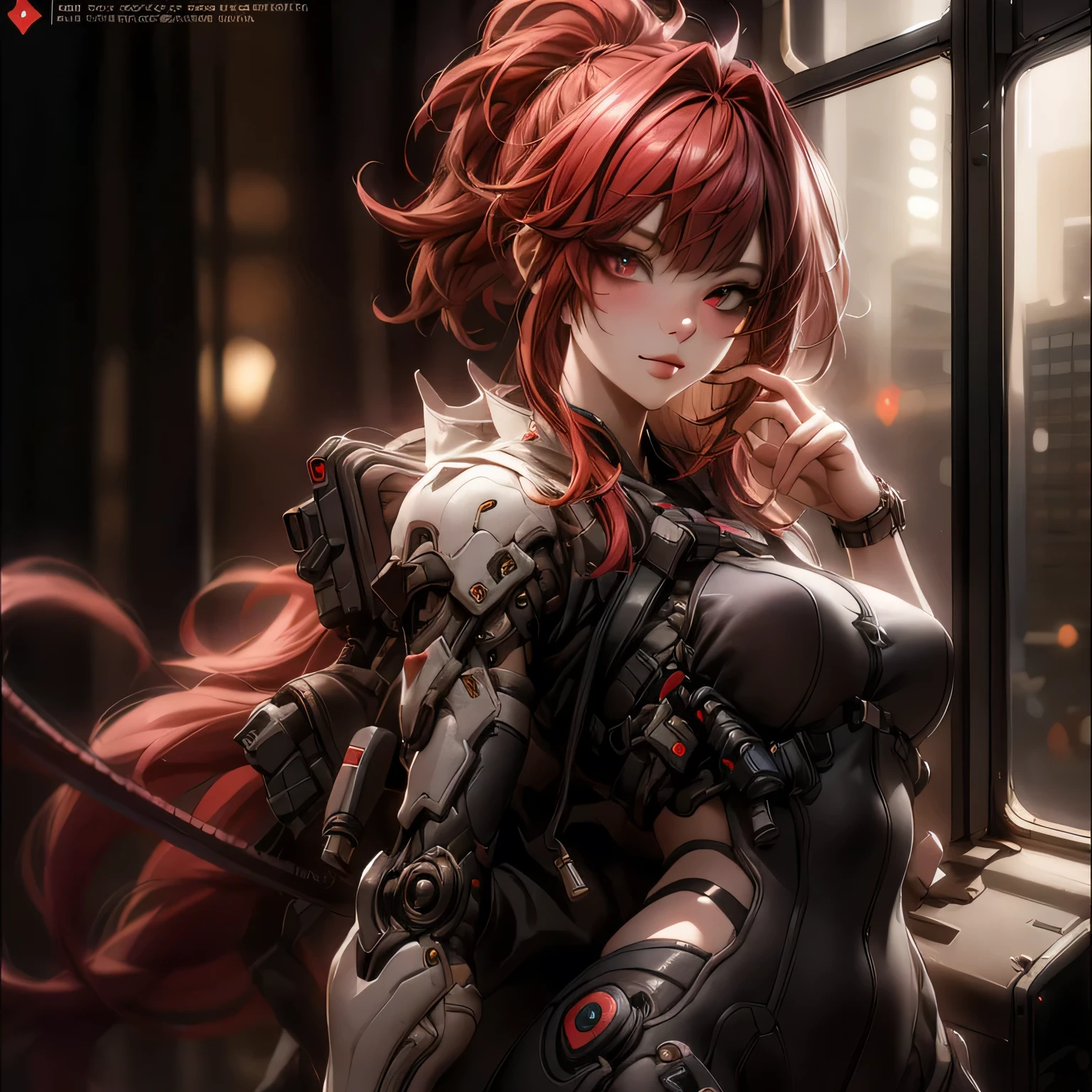 ((best quality)), ((Masterpiece)), (details:1.4), 3d, Image of a beautiful cyberpunk woman, HDR (high dynamic range), mature woman, Curtain Bangs, Red hair, beautiful Red eyes, SWAT uniform, PBR surface, After processing, Anisotropic filtration,depth of field, Maximum clarity and clarity, multi-layered surface, perfect proportions, 8K raw files, cyberpunk, at night, ผมหลายชั้น,  กระโปรงสั้น, natural lighting, soft lighting, sunlight, หน้าอกใหญ่,