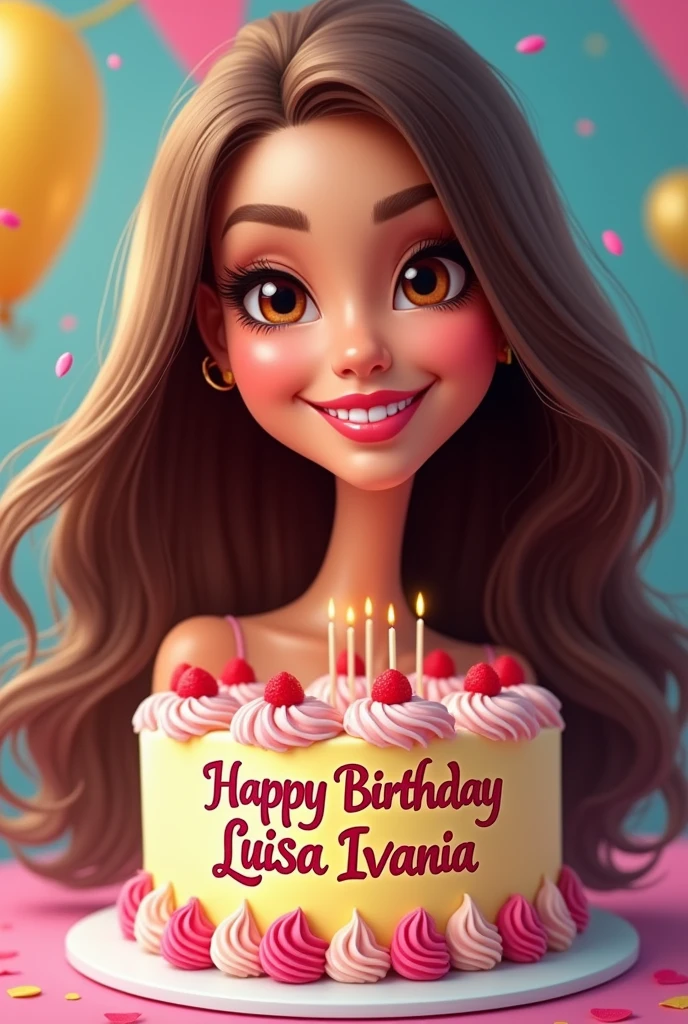 Create a barbie-style caricature of a woman with wavy brown hair down the middle of her back and brown eyes with a cake that says happy birthday Luisa Ivania in the background ,August 25