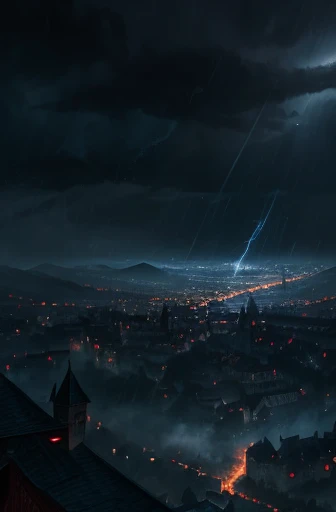 rainy village, medieval village, tempest, RPG medieval, grimdark, raios e tempest, Night rain, noite de tempest, medieval era, rainy little town, pequena cidade na tempest, view from above, wet floor, RPG medieval, storm town, raintown, rain valley, raining night, dark night, dark and rainy little town, medieval environment, mysterio, shadow, night, tempest, rain, fear, mistery, haze, haze, Night rain, city at night, background castle of shadow, castle in the background in the shadows