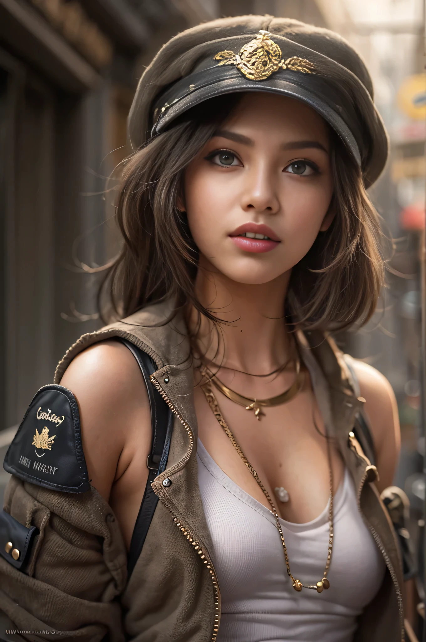 realistic, High resolution, soft light,1 female, alone, hip up, (detailed face), jewelry, street wear, Beautiful Soldier, Eyes that invite the viewer, lover's perspective, an inviting look, sexy smile, perfect style, perfect balance, fine skin, naughty look, I can see your chest