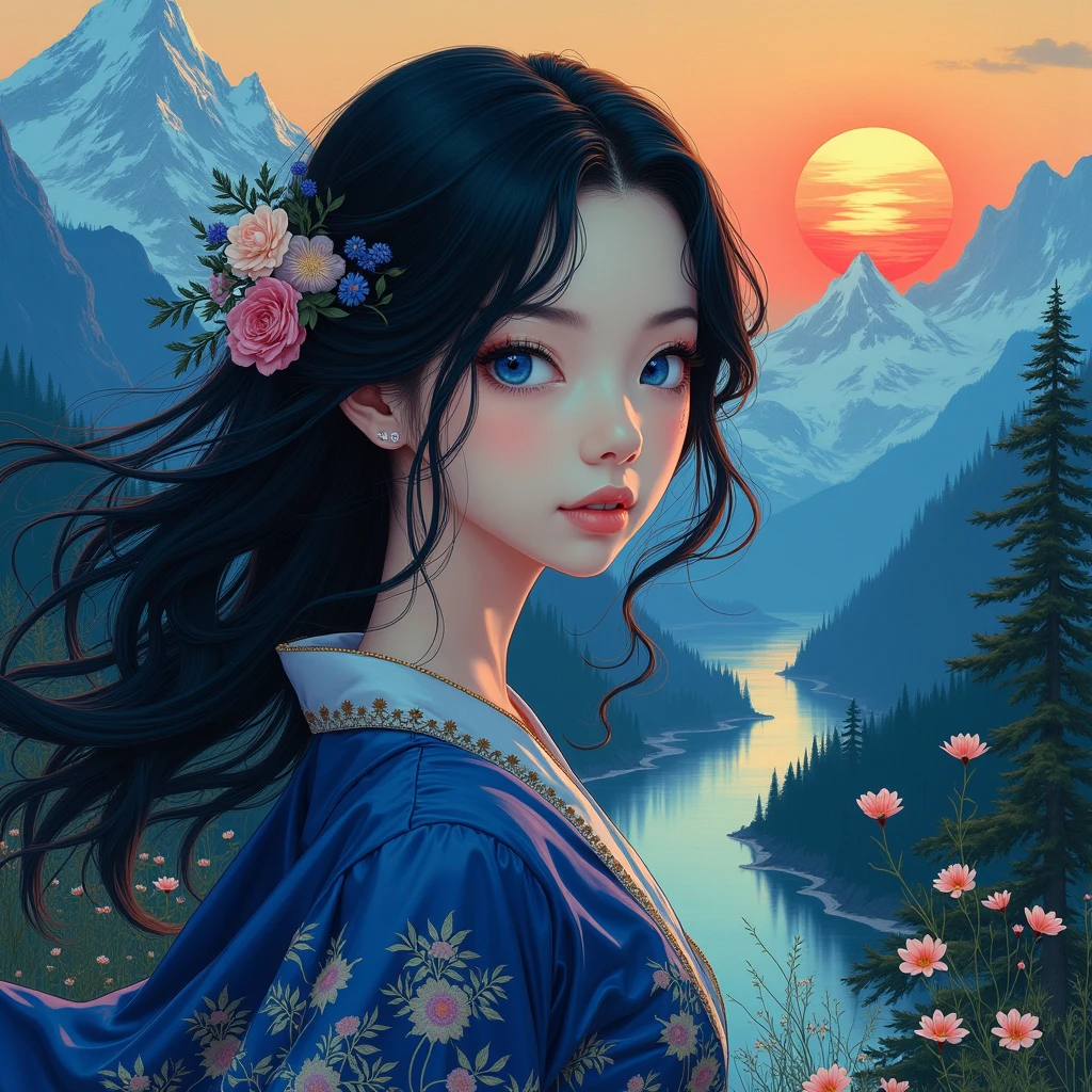 In this exquisite painting, the intertwining of anime and ukiyo-e styles creates an awe-inspiring scene of a woman with striking blue-black eyes and cascading black hair. Her profound connection to the natural world is beautifully depicted by the majestic mountains, lush forests, and the setting sun in the background. The skillful balance of cool blues and purples against the warm hues of orange and yellow generates a magical and alluring atmosphere. This mesmerizing masterpiece, encompassing painting, anime, cinematic, illustration, ukiyo-e, and fashion elements, is truly captivating and enchanting., ukiyo-e, illustration, painting, anime, cinematic, fashion