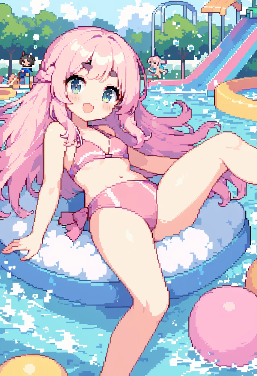 best quality, very aesthetic, Super detailed, best illustration, 1girl, one-piece swimsuit, bangs, pink_hair, blunt_bangs, hair_ornament, butterfly_hair_ornament, ribbon, black_ribbon, blue_eyes, blush, hair_ribbon, twintails, long_hair, nino, full_body, smile