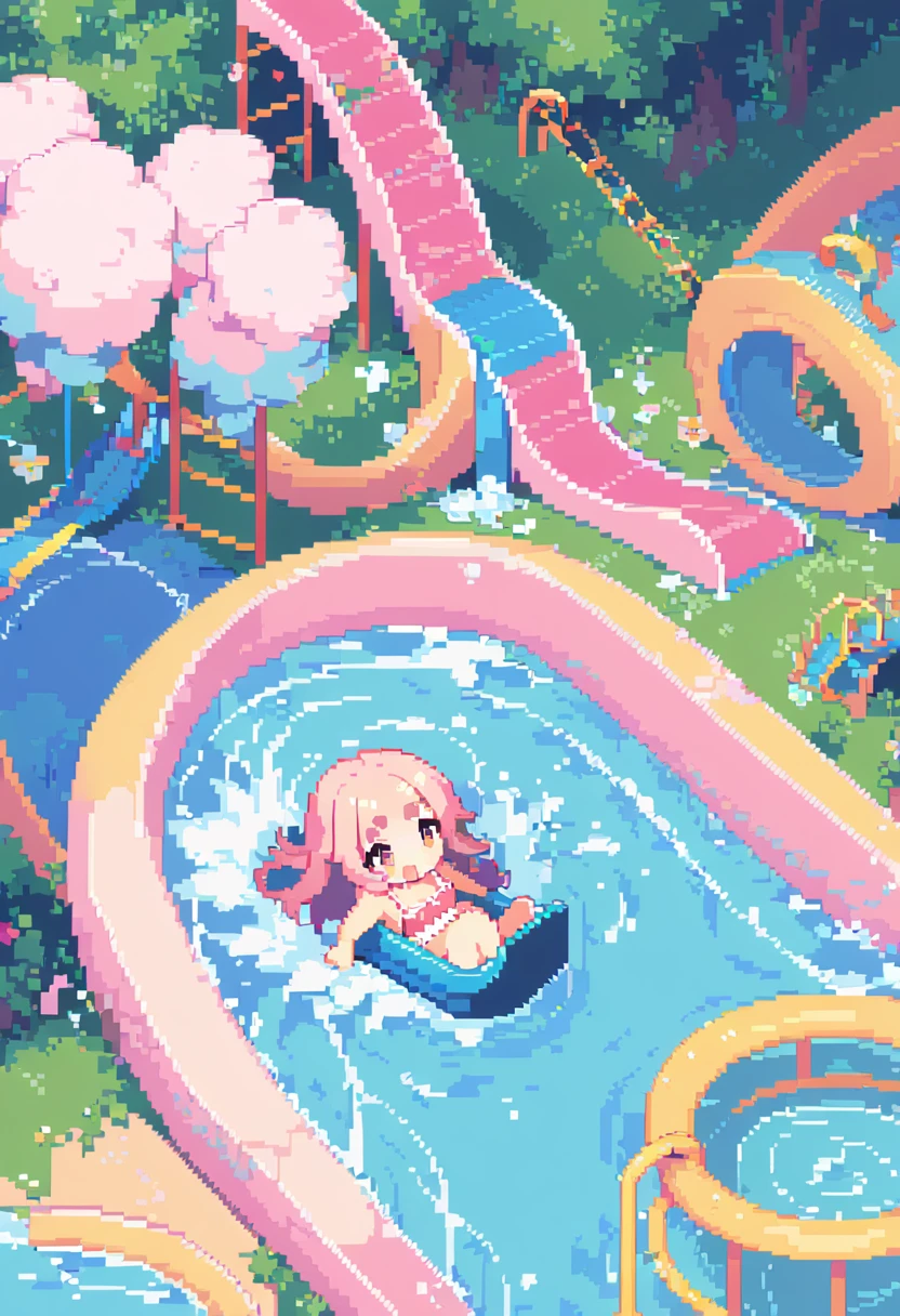 (((Highest quality, 8k, masterpiece: 1.3)), Beautiful pixel art, \One woman, Pink Hair, Long Hair, Cotton candy hair, Fluffy hair, Thick eyebrows, Pink Swimsuit, Waterslide, Falling off the slide, Riding on a float, Surprised, Spread your legs:1.1\), Heavy water splash, Pool water sparkling in the light, Leisureland, Angle from the front:1.3, Camera angle from diagonally down, :1.2