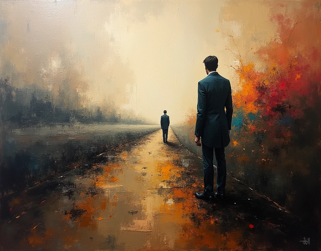 ( a man) a thick textured oil painting, impasto brushstrokes, dry brushing,revealing underlayers, abstract landscape, moody lighting, dramatic shadows, muted earthy colors, vibrant colors, highly detailed, masterpiece,