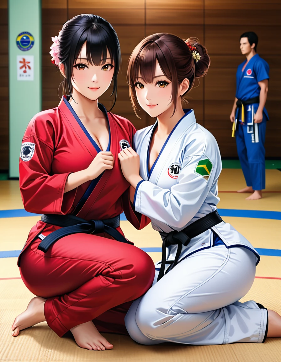 (8k, RAW photos, A masterpiece of quality: 1.2), (realistic, photorealistic: 1.37), ((A little cleavage 1.3)),2 Brazilian Jiu-Jitsu athletes, ((Big breasts 1.2)), ((Sweaty 1.5) ), ((Shiny skin 1.4)), two Brazilian Jiu-Jitsukas, ((A beautiful face like a Japanese actress 1.3)),(((Brazilian Jiu-Jitsu suit with black belt))) , ((Shorts)),2, standing, long shot, ( Full body shot: 2), Glamorous body,((slim body)),Look at your viewers, Pose for photoshoot, Firm posture, Long shot photography, Detailed face, (smile), (perfect eyes) ,(perfect hands) (perfect Fingers), (perfect legs),(thighs), (full body photography: 2),pinning each other on the ground, showing their pinning hold