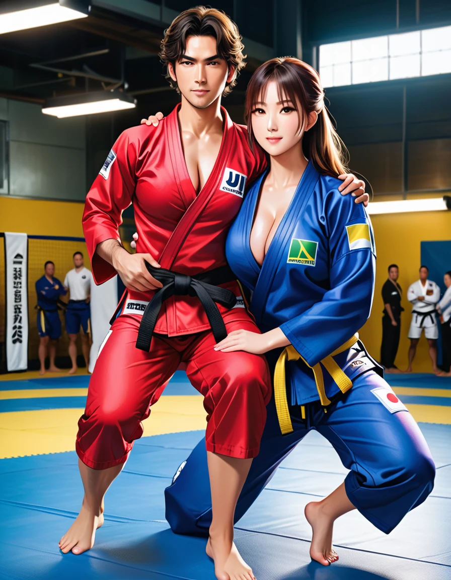 (8k, RAW photos, A masterpiece of quality: 1.2), (realistic, photorealistic: 1.37), ((A little cleavage 1.3)),2 Brazilian Jiu-Jitsu athletes, ((Big breasts 1.2)), ((Sweaty 1.5) ), ((Shiny skin 1.4)), two Brazilian Jiu-Jitsukas, ((A beautiful face like a Japanese actress 1.3)),(((Brazilian Jiu-Jitsu suit with black belt))) , ((Shorts)),2, standing, long shot, ( Full body shot: 2), Glamorous body,((slim body)),Look at your viewers, Pose for photoshoot, Firm posture, Long shot photography, Detailed face, (smile), (perfect eyes) ,(perfect hands) (perfect Fingers), (perfect legs),(thighs), (full body photography: 2),pinning each other on the ground, showing their pinning hold