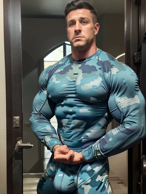 Wide Angle，8K True-to-Life Picture Quality, Handsome, man, blue eyes，Wearing tight camouflage clothing, Soldier, , barracks, (Big bulge:1.5), muscular, Pectoralis major，Swelling of chest muscles，Excellent J8, Big-hearted, Perfect facial details，Sexy and charming expression, bodybuilder build