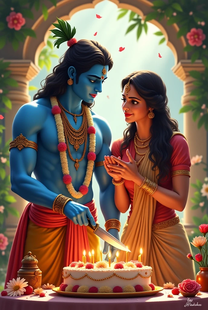 Lord krishna cutting the cut on his birthday with a mature girl name vanshika , vanshika is clapping