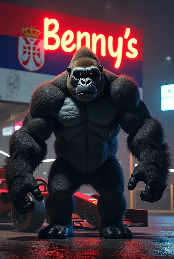 Generate a gorilla with the word bennys on a sign and the Serbian flag with a racing car