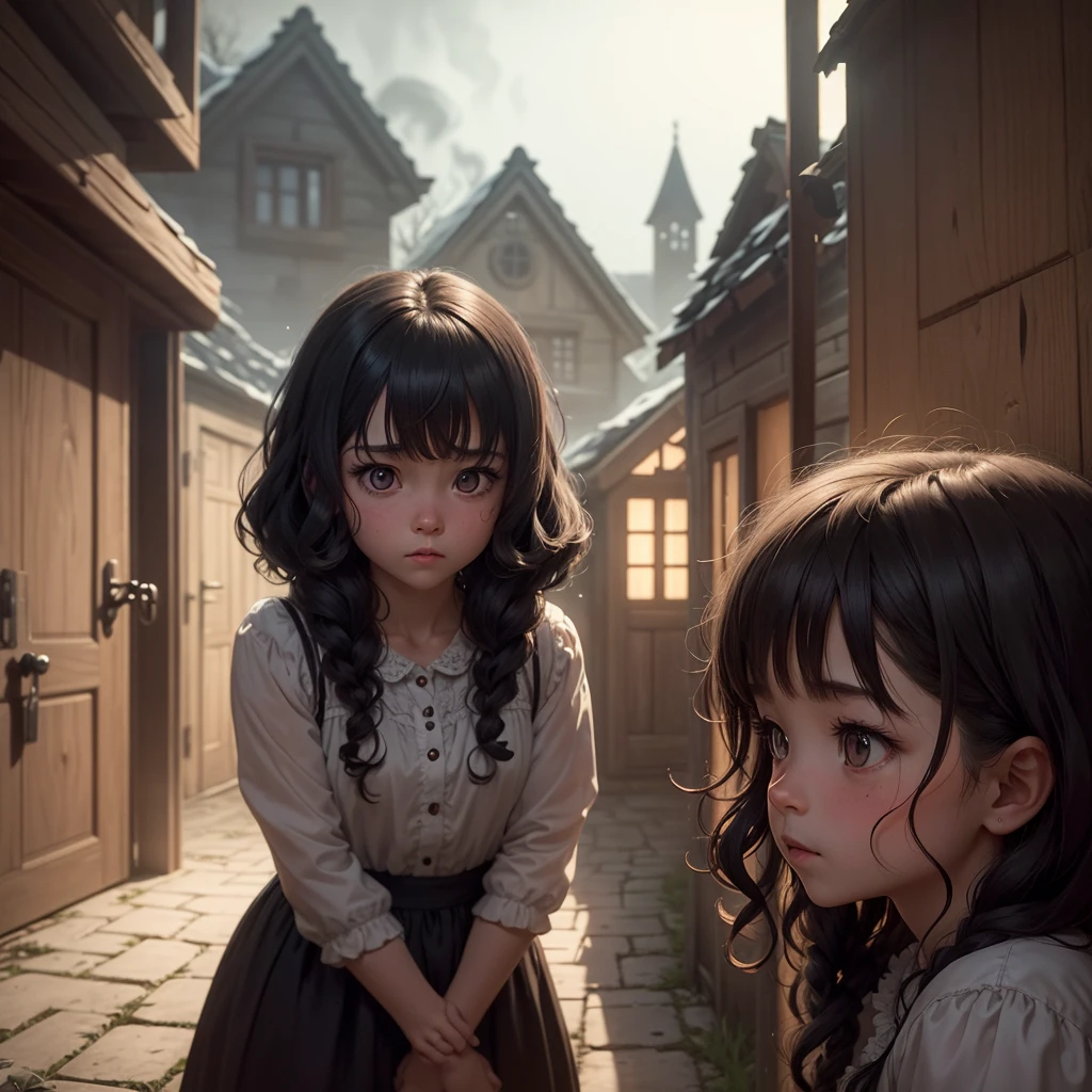 In a small village, a curly cute was tormented by a dark, evil spirit haunting her house. The spirit filled her nights with fear, casting shadows that twisted and whispered in the dark.
