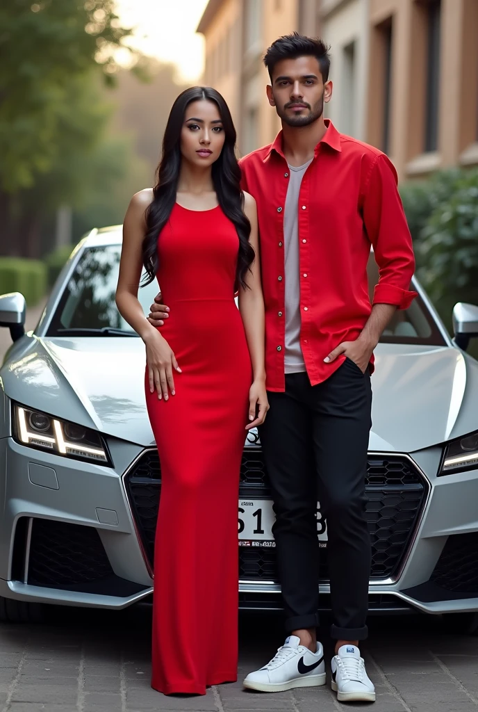 A girl with his lover. And she have a  Audi TT .that car number is KL 66 B 777.and she's dress has a red frok and that boy's dress was red shirt and black pant  boy have Nike shoes 
