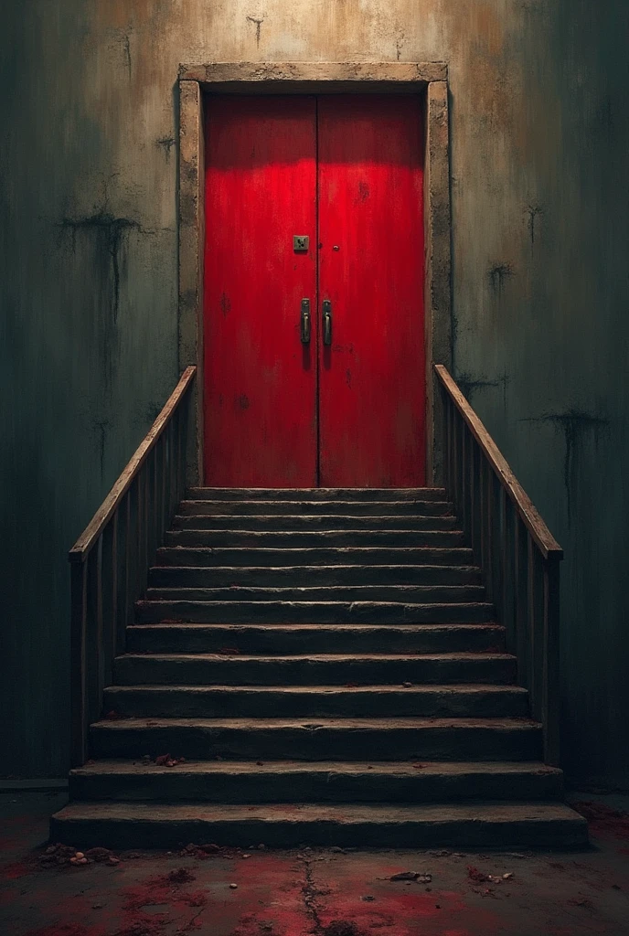 Une porte rouge lourde qui surplombe un très long escalier. En bas usine industrielle sombre. En haut de l'escalier derriere la porte des bureaux du stress du harcèlement 