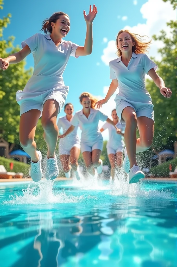 Nurses jumping into a pool